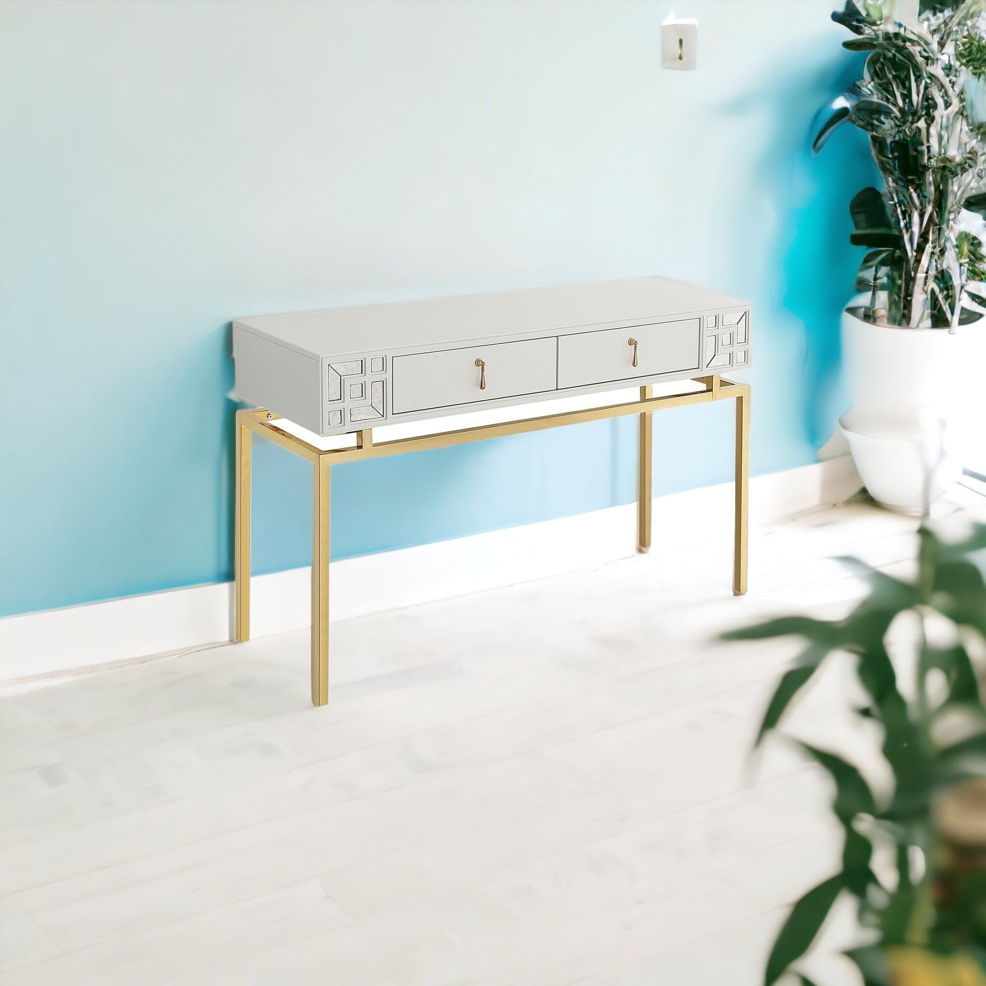 47" White and Gold Mirrored Console Table And Drawers - Homeroots