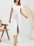 Ruched Slit V-Neck Short Sleeve Dress - Trendsi - Flyclothing LLC