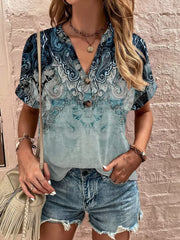 Full Size Printed Notched Short Sleeve Blouse - Trendsi