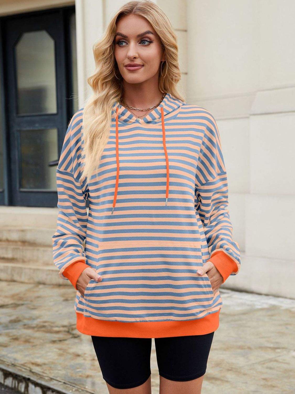 Drawstring Contrast Striped Long Sleeve Hoodie - Trendsi - Flyclothing LLC