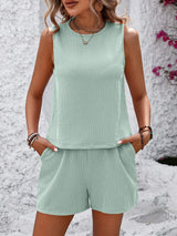 Round Neck Sleeveless Top and Shorts Set - Trendsi - Flyclothing LLC