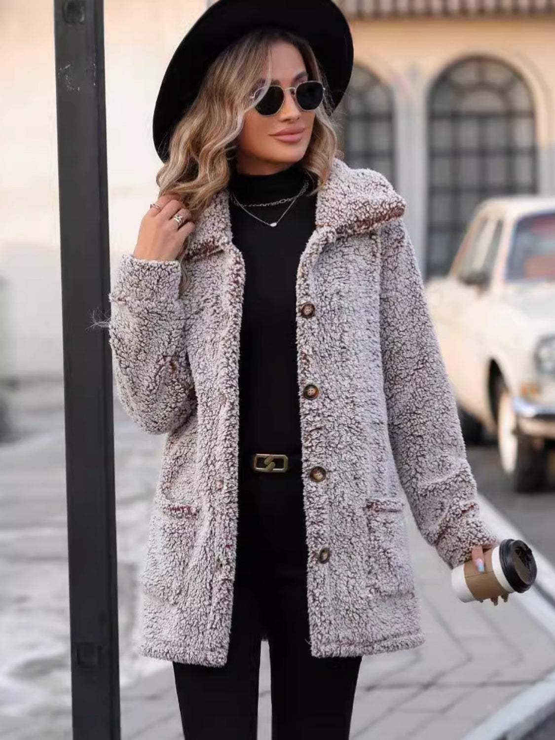 Pocketed Collared Neck Long Sleeve Plush Jacket - Trendsi - Flyclothing LLC