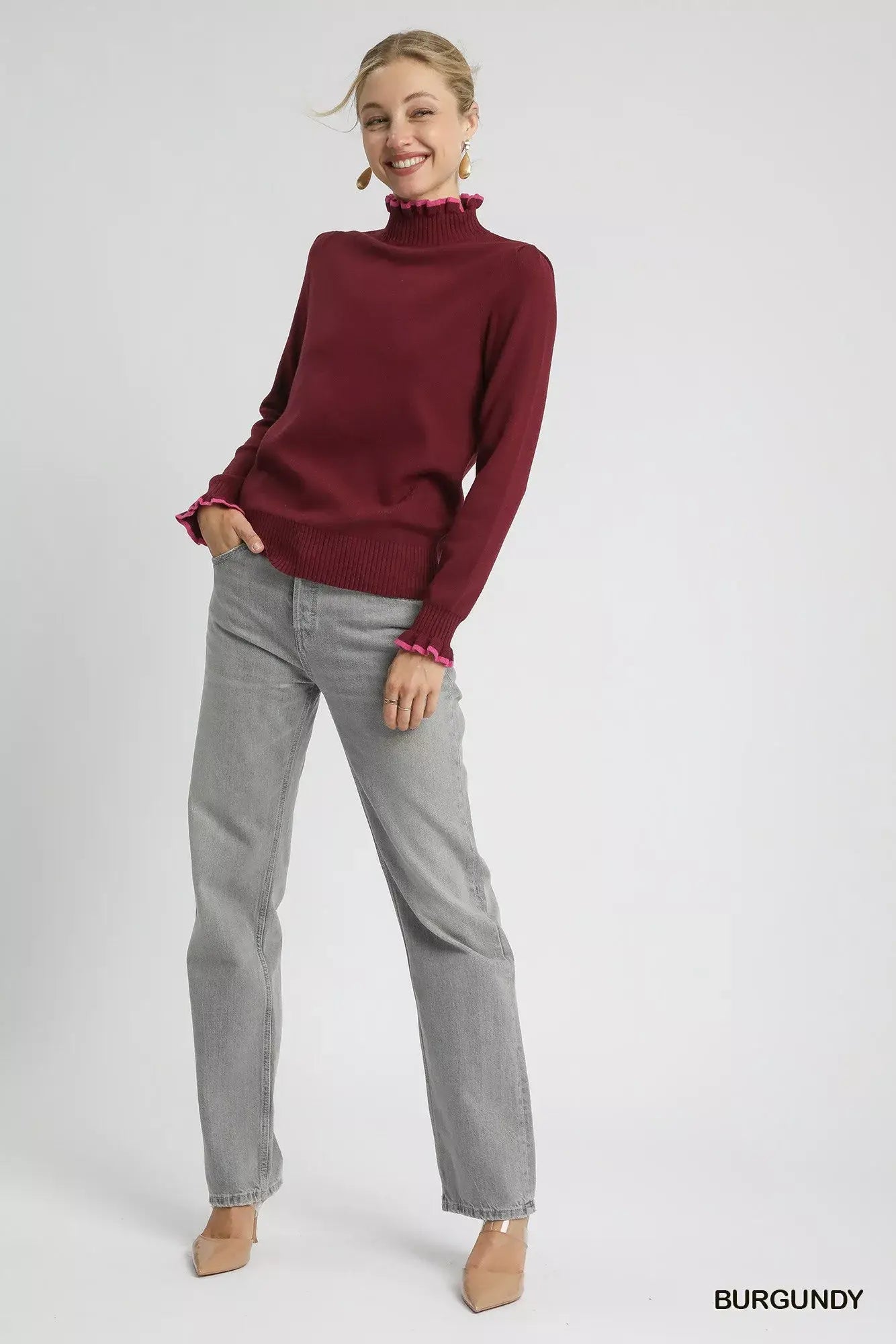 Umgee Ribbed Round Neck Sweater with Ruffle Contrast Trim - Trendsi - Flyclothing LLC
