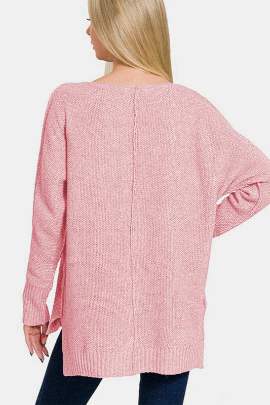 Zenana High-Low Center Seam V-Neck Sweater - Trendsi - Flyclothing LLC