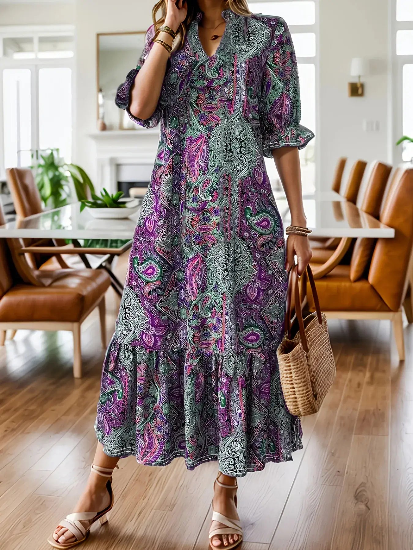 Full Size Bohemian Paisley Print Ruffle Hem Midi Dress Plus Size - Trendsi - Flyclothing LLC