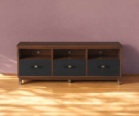 61" Brown and Black Solid Wood Open Shelving TV Stand - Homeroots