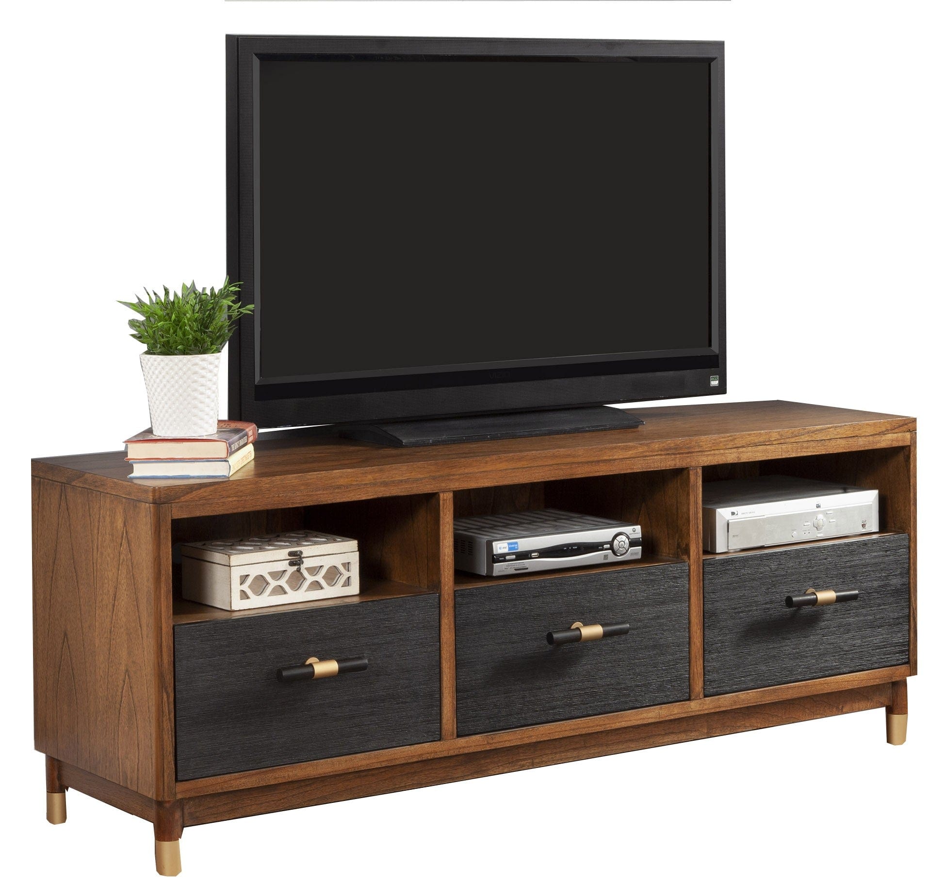 61" Brown and Black Solid Wood Open Shelving TV Stand - Homeroots - Flyclothing LLC