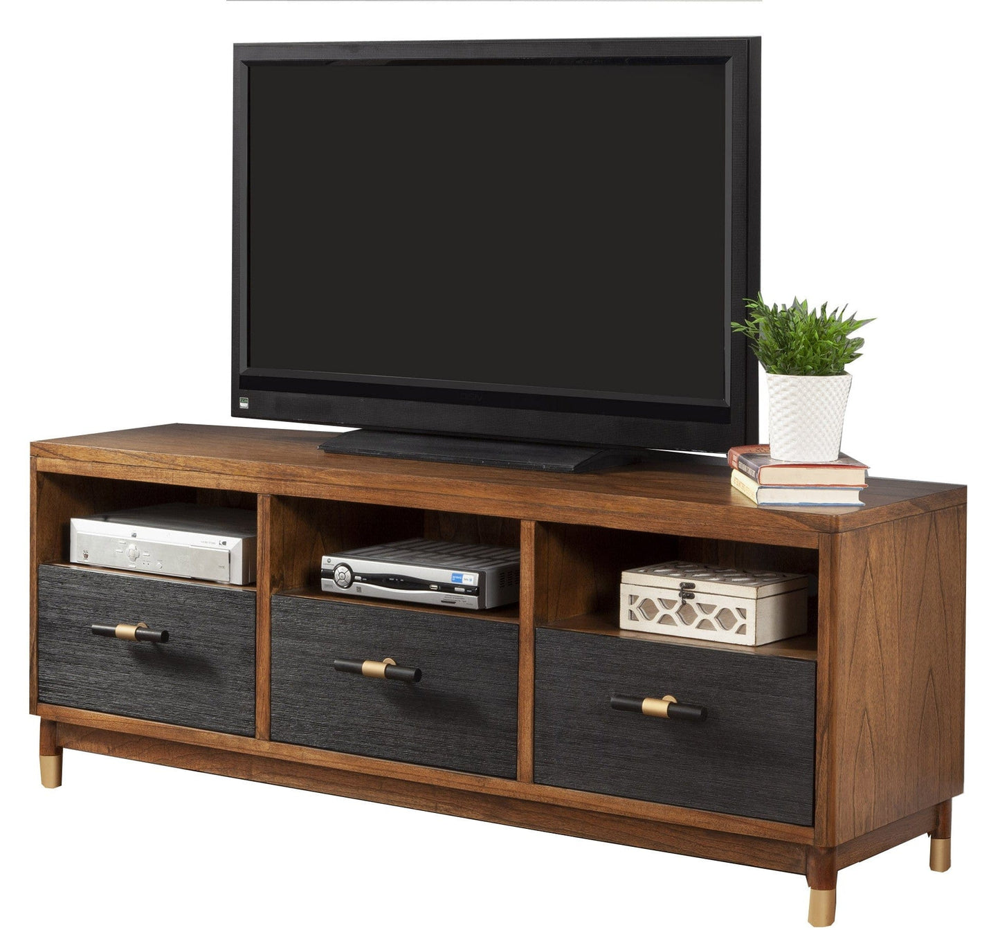 61" Brown and Black Solid Wood Open Shelving TV Stand - Homeroots - Flyclothing LLC