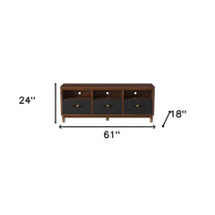 61" Brown and Black Solid Wood Open Shelving TV Stand - Homeroots