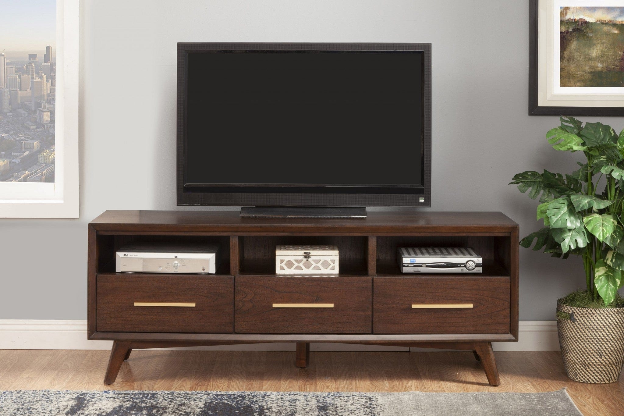 64" Brown Mahogany Solid Wood Open Shelving TV Stand - Homeroots