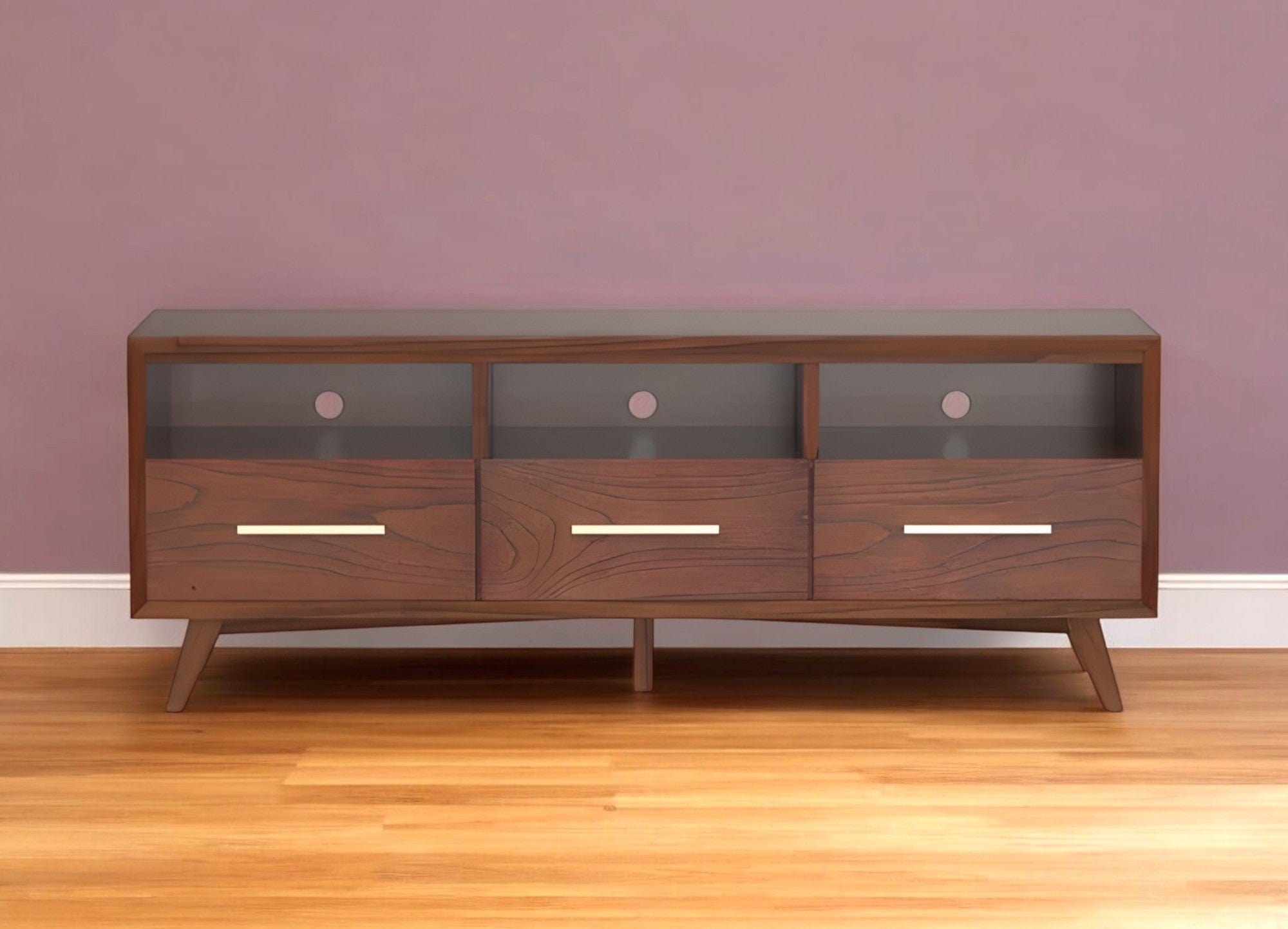64" Brown Mahogany Solid Wood Open Shelving TV Stand - Homeroots - Flyclothing LLC
