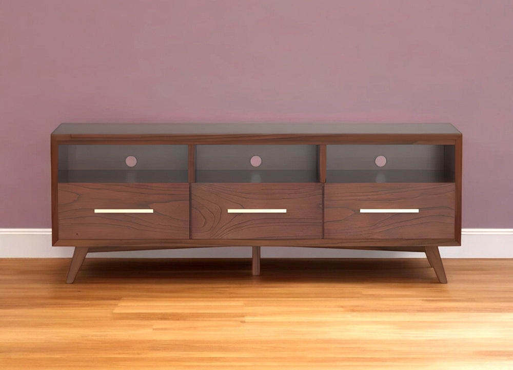 64" Brown Mahogany Solid Wood Open Shelving TV Stand - Homeroots - Flyclothing LLC