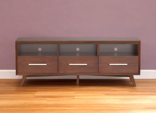 64" Brown Mahogany Solid Wood Open Shelving TV Stand - Homeroots