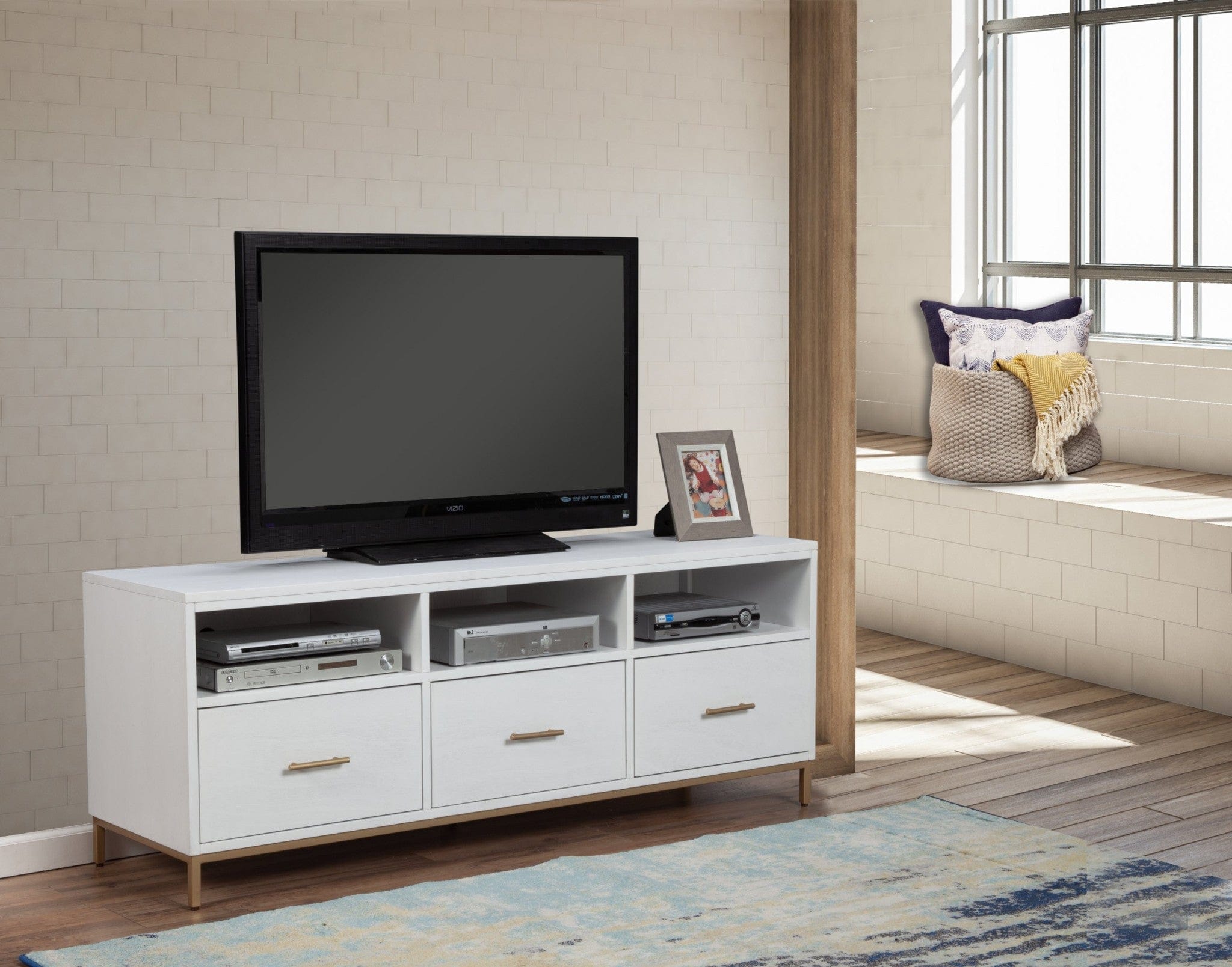 64" White Mahogany Solid Wood Open Shelving TV Stand - Homeroots - Flyclothing LLC