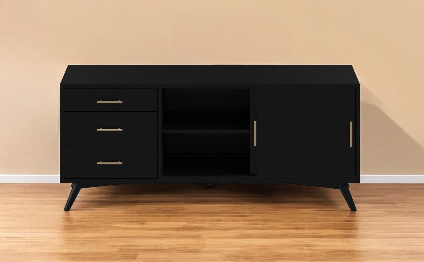64" Black Mahogany Solids Okoume And Veneer Open Shelving TV Stand - Homeroots