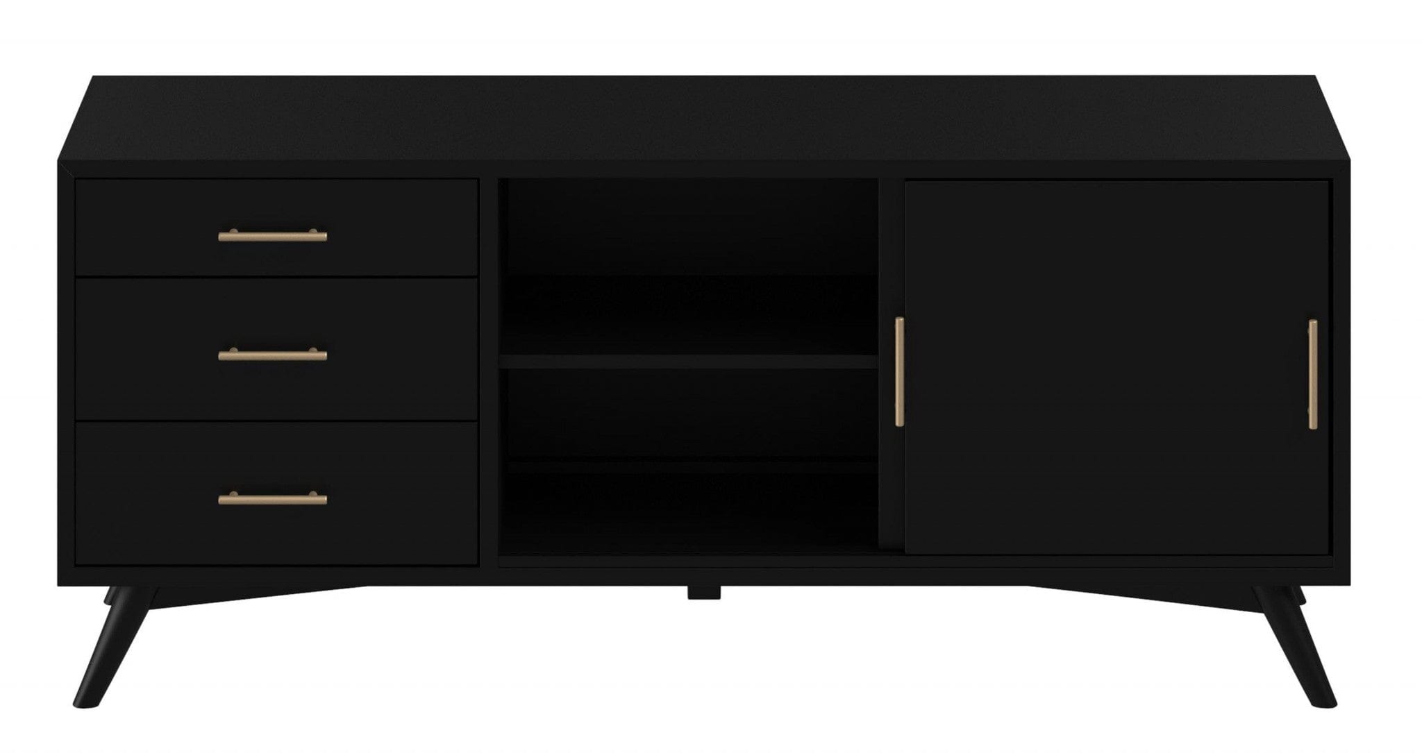 64" Black Mahogany Solids Okoume And Veneer Open Shelving TV Stand - Homeroots