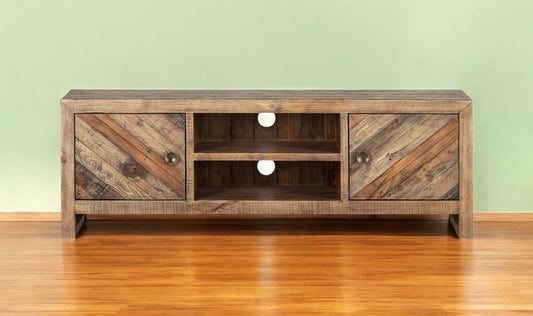 63" Wood Brown Reclaimed Pine And Plywood Open Shelving TV Stand - Homeroots