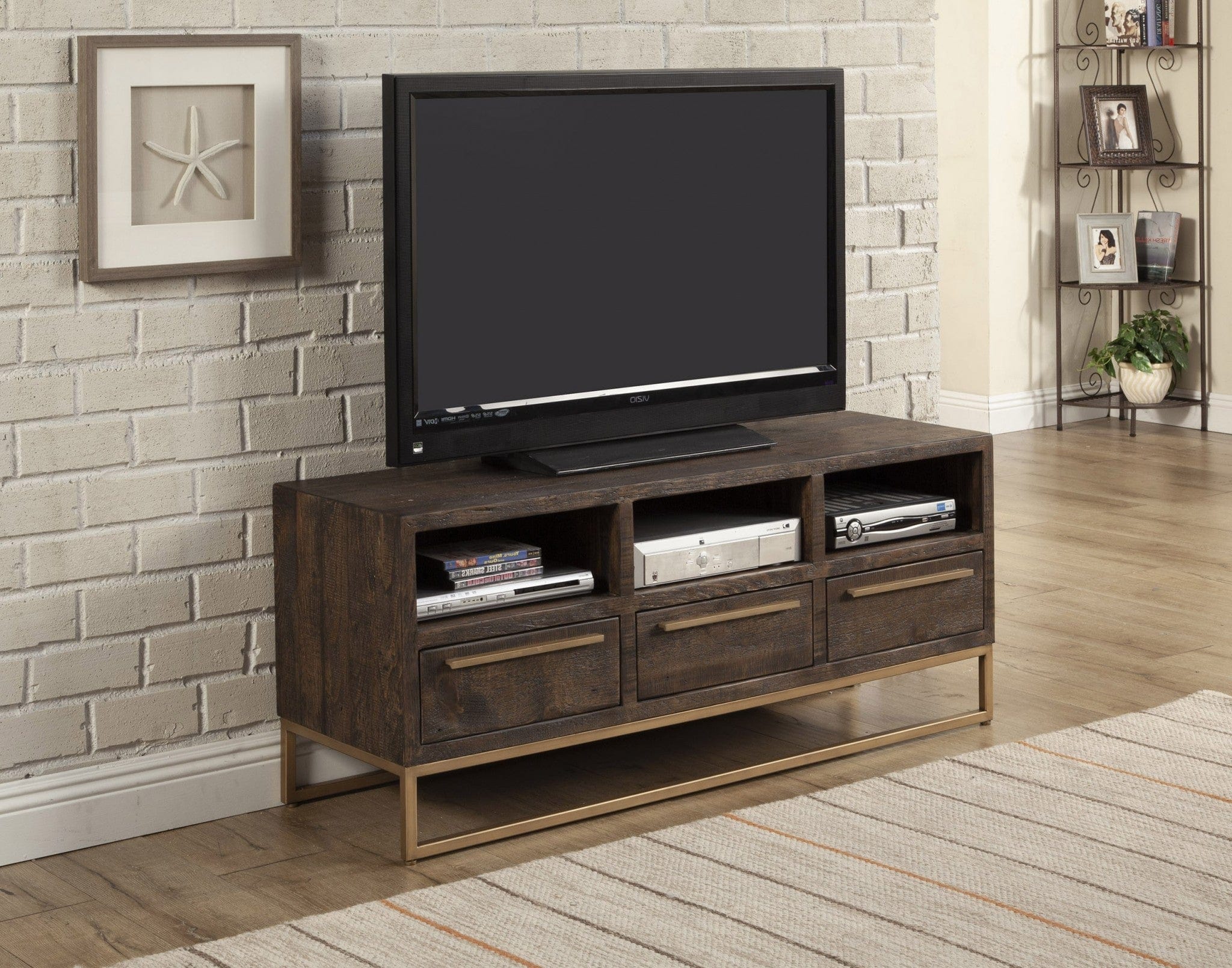 52" Deep Taupe Reclaimed Pine And Plywood Open Shelving TV Stand - Homeroots