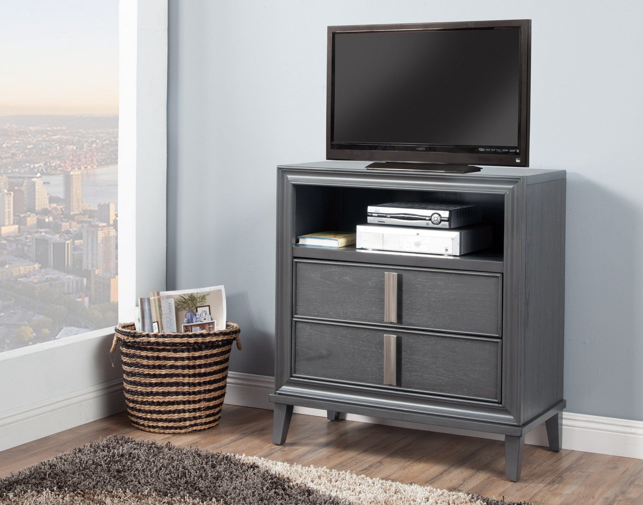 36" Gray Pine Poplar Solids With Mindy And Veneer Open Shelving TV Stand - Homeroots