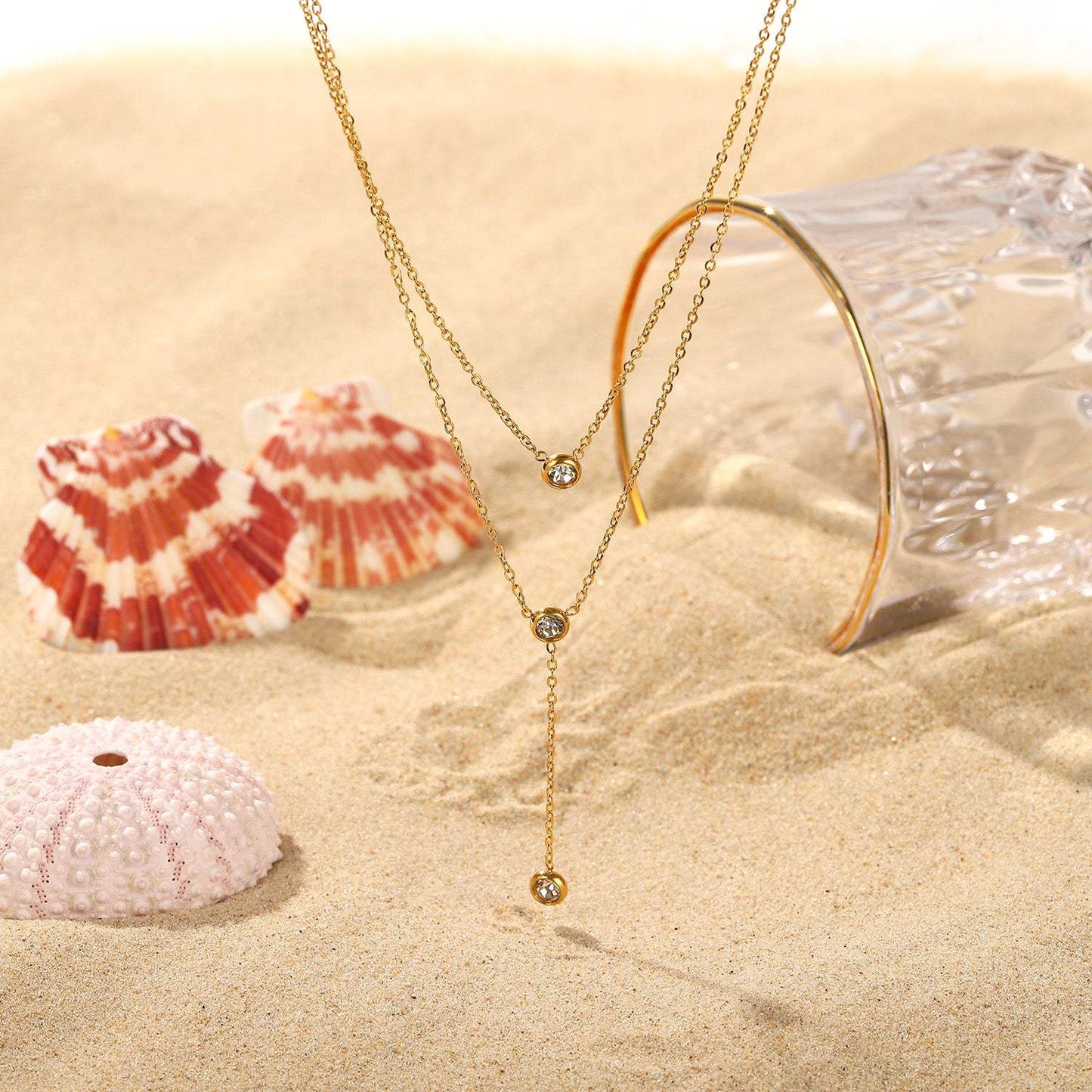 Stainless Steel Zircon Double-Layered Necklace - Trendsi - Flyclothing LLC