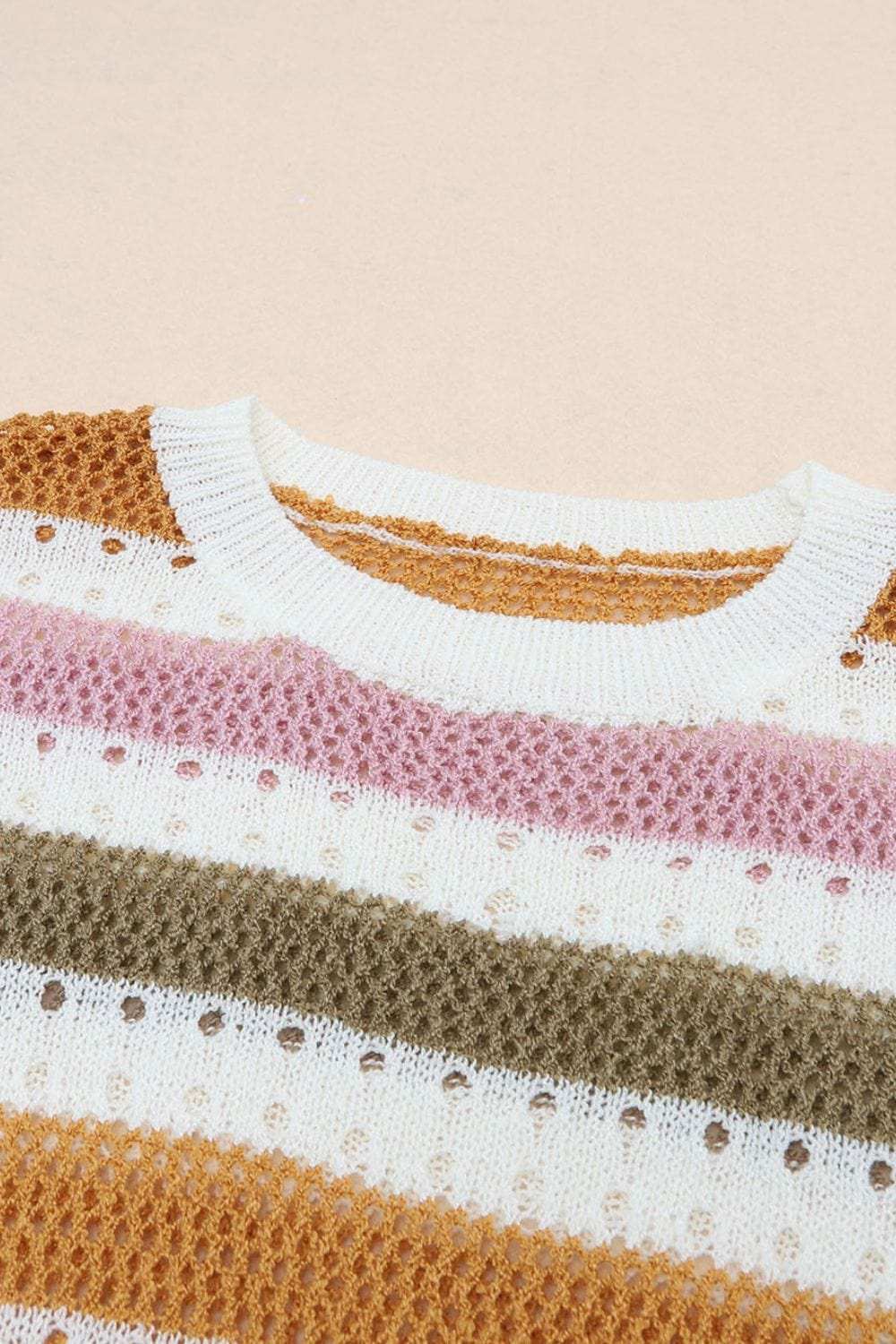 Striped Round Neck Hollowed Sweater - Trendsi - Flyclothing LLC