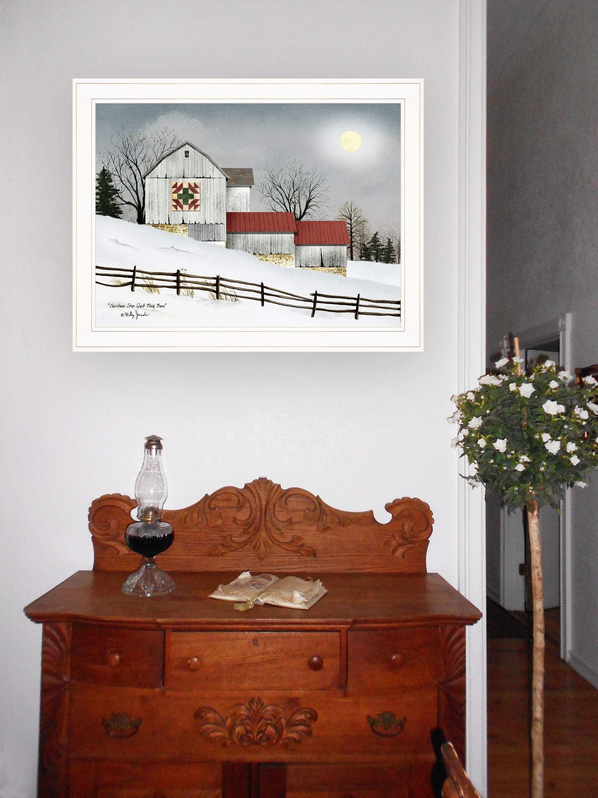 Christmas Star Quilt Block Barn 1 White Framed Print Wall Art - Homeroots - Flyclothing LLC