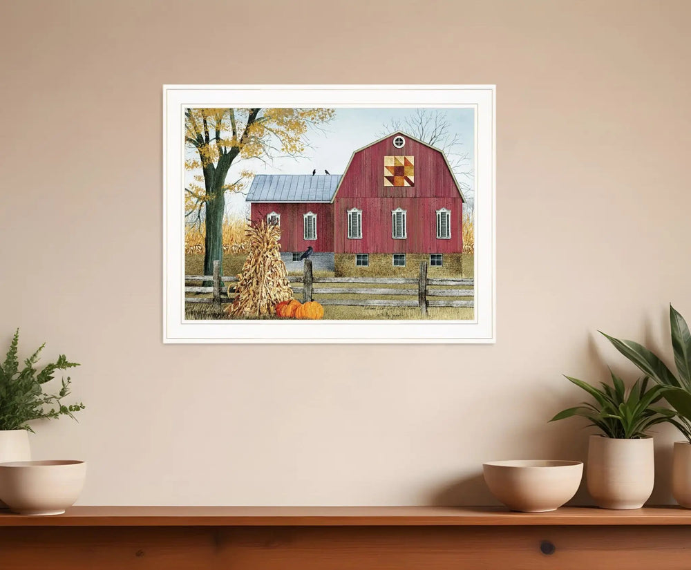 Autumn Leaf Quilt Block Barn 1 White Framed Print Wall Art - Homeroots