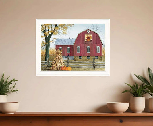 Autumn Leaf Quilt Block Barn 1 White Framed Print Wall Art - Homeroots - Flyclothing LLC