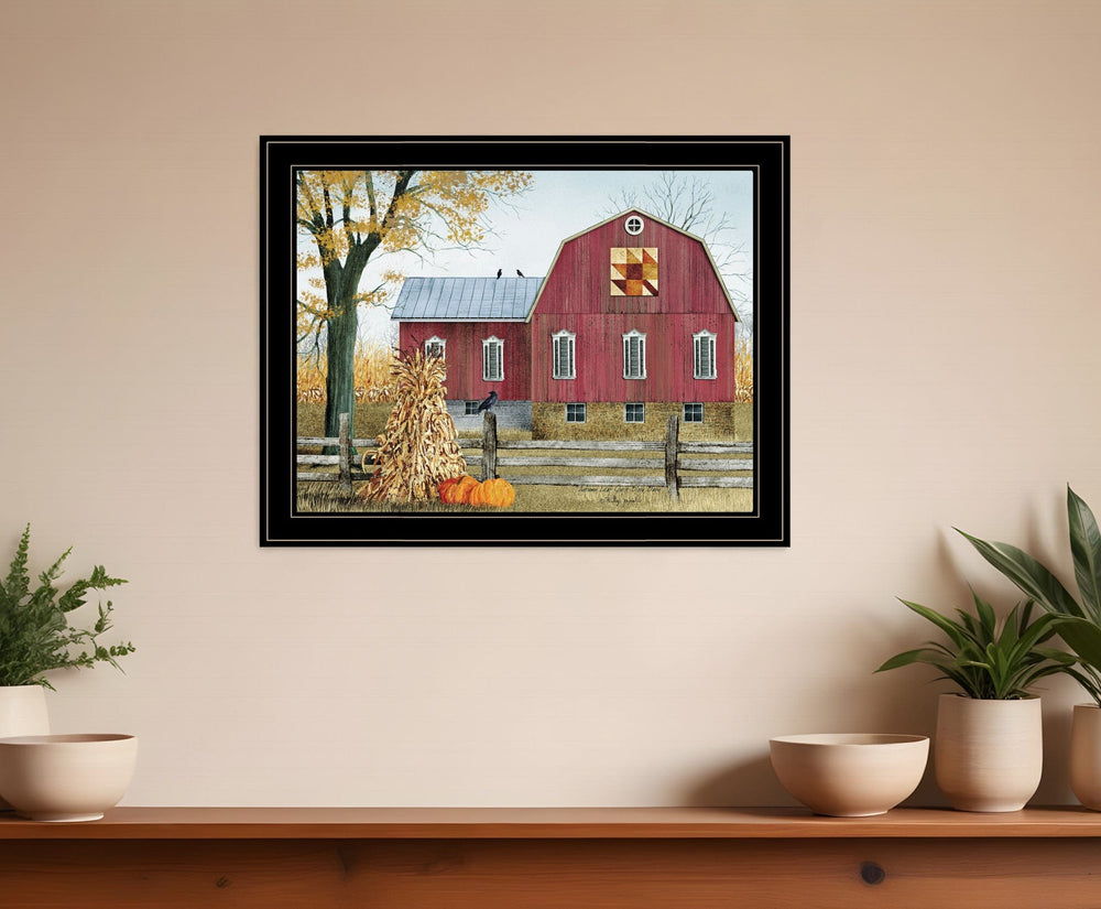 Autumn Leaf Quilt Block Barn 2 Black Framed Print Wall Art - Homeroots