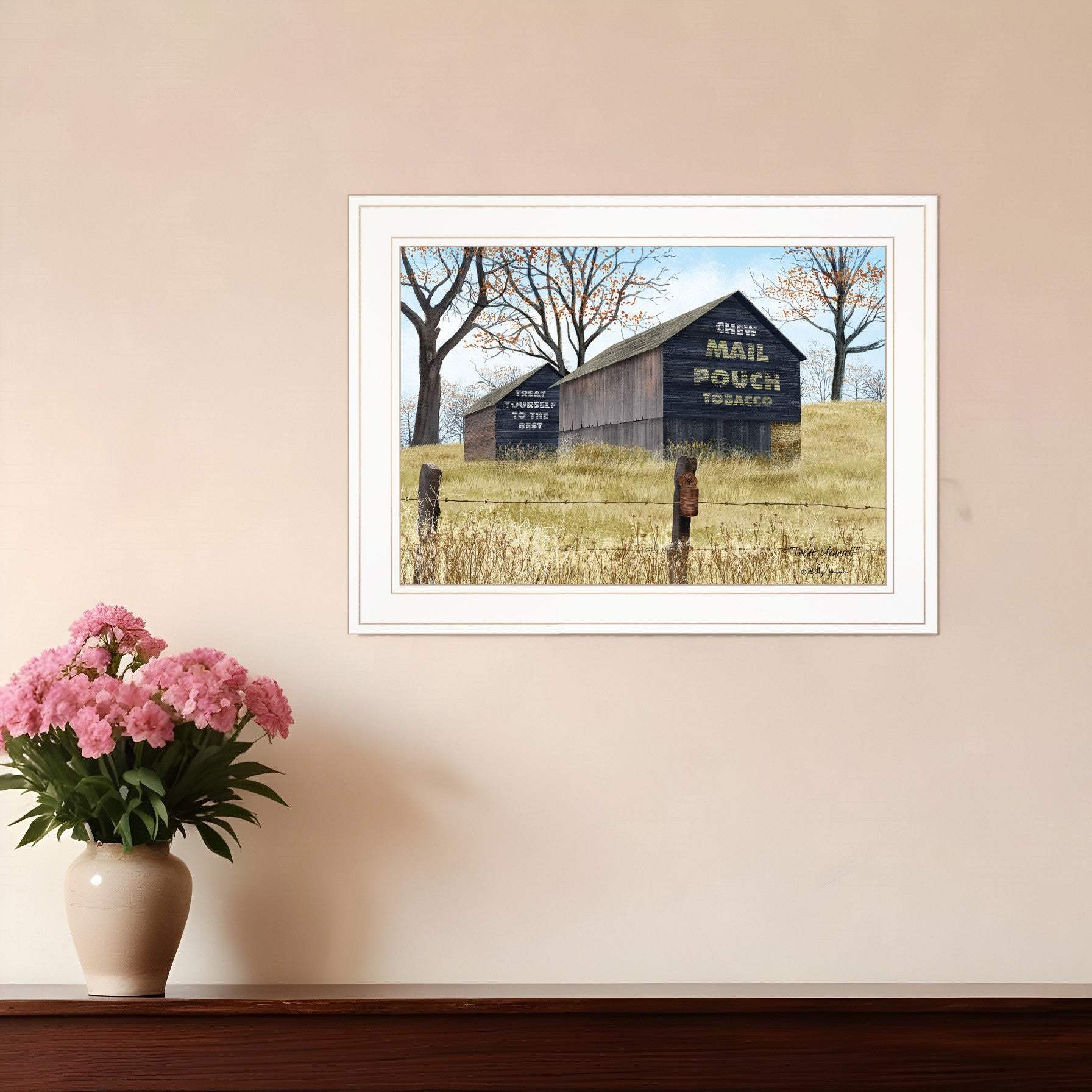 Treat Yourself Mail Pouch Barn 1 White Framed Print Wall Art - Homeroots - Flyclothing LLC