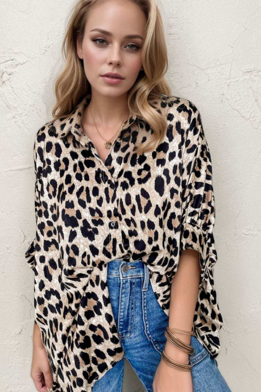 Leopard Print Buttoned 3/4 Sleeve Loose Fit Shirt - Trendsi - Flyclothing LLC