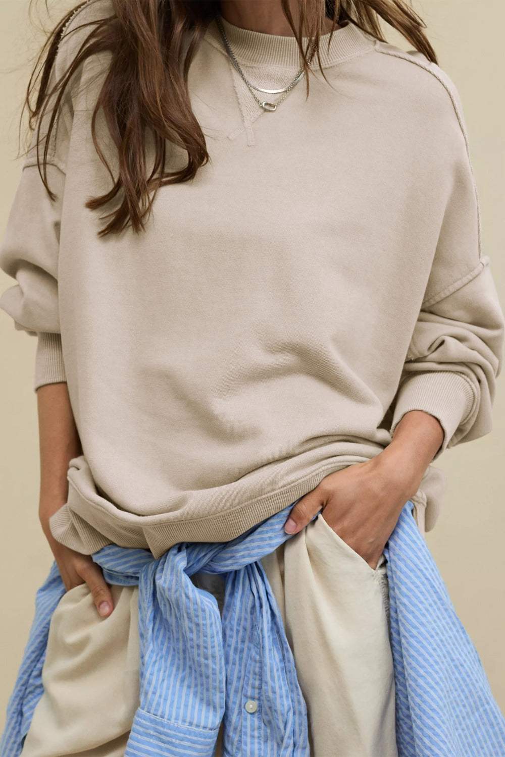 Side Slit Round Neck Long Sleeve Sweatshirt - Trendsi - Flyclothing LLC