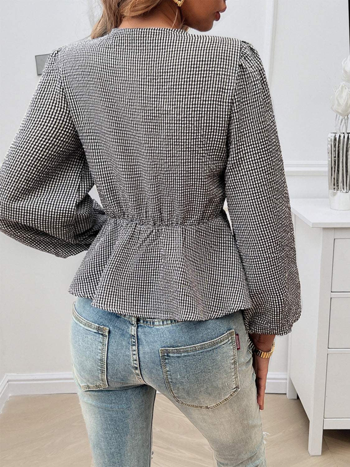 Devine Tied Round Neck Long Sleeve Blouse - Trendsi - Flyclothing LLC