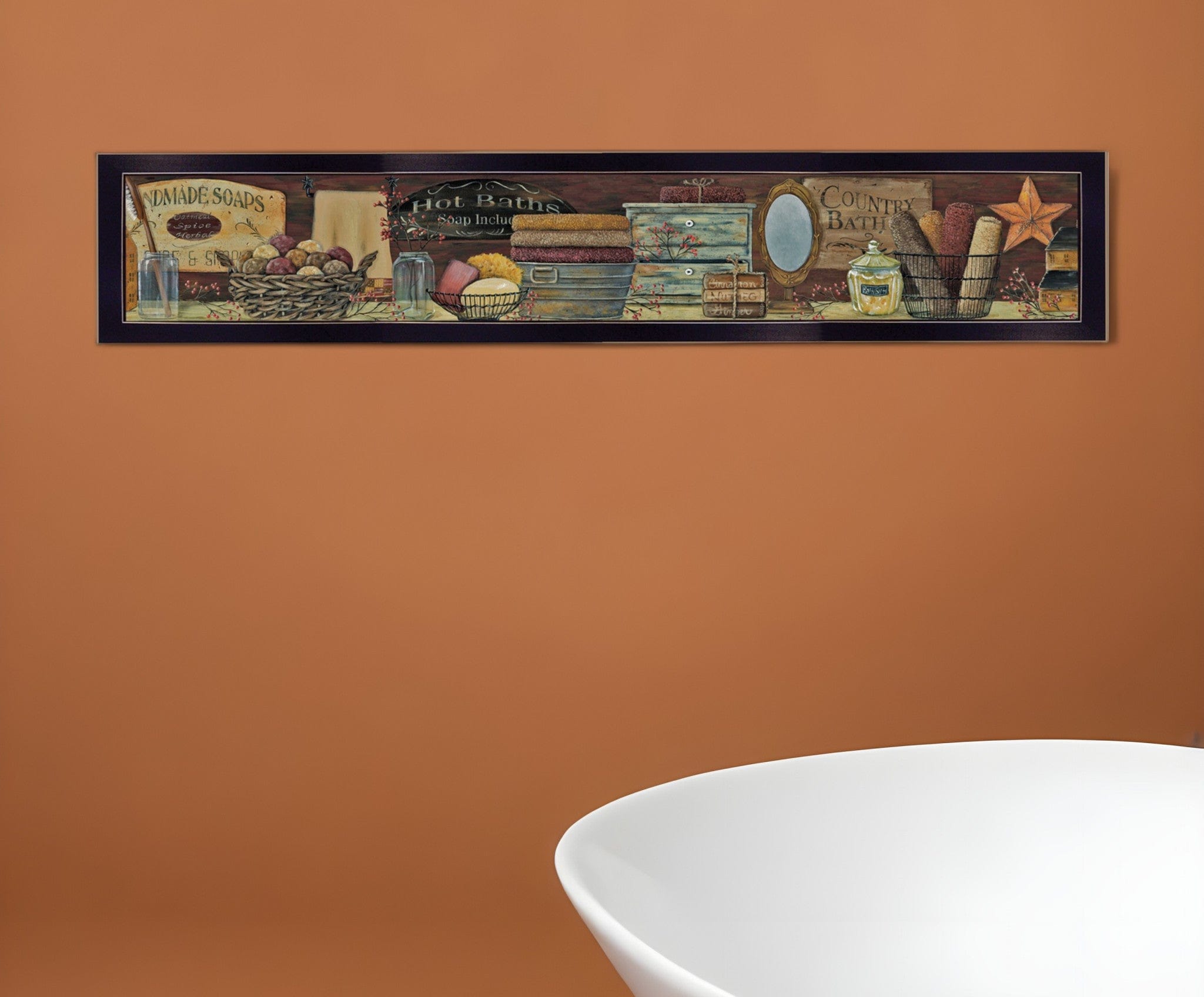 Country Bath Shelf 4 Black Framed Print Bathroom Wall Art - Homeroots