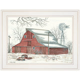 Winter Barn with Pickup Truck 1 White Framed Print Wall Art - Homeroots