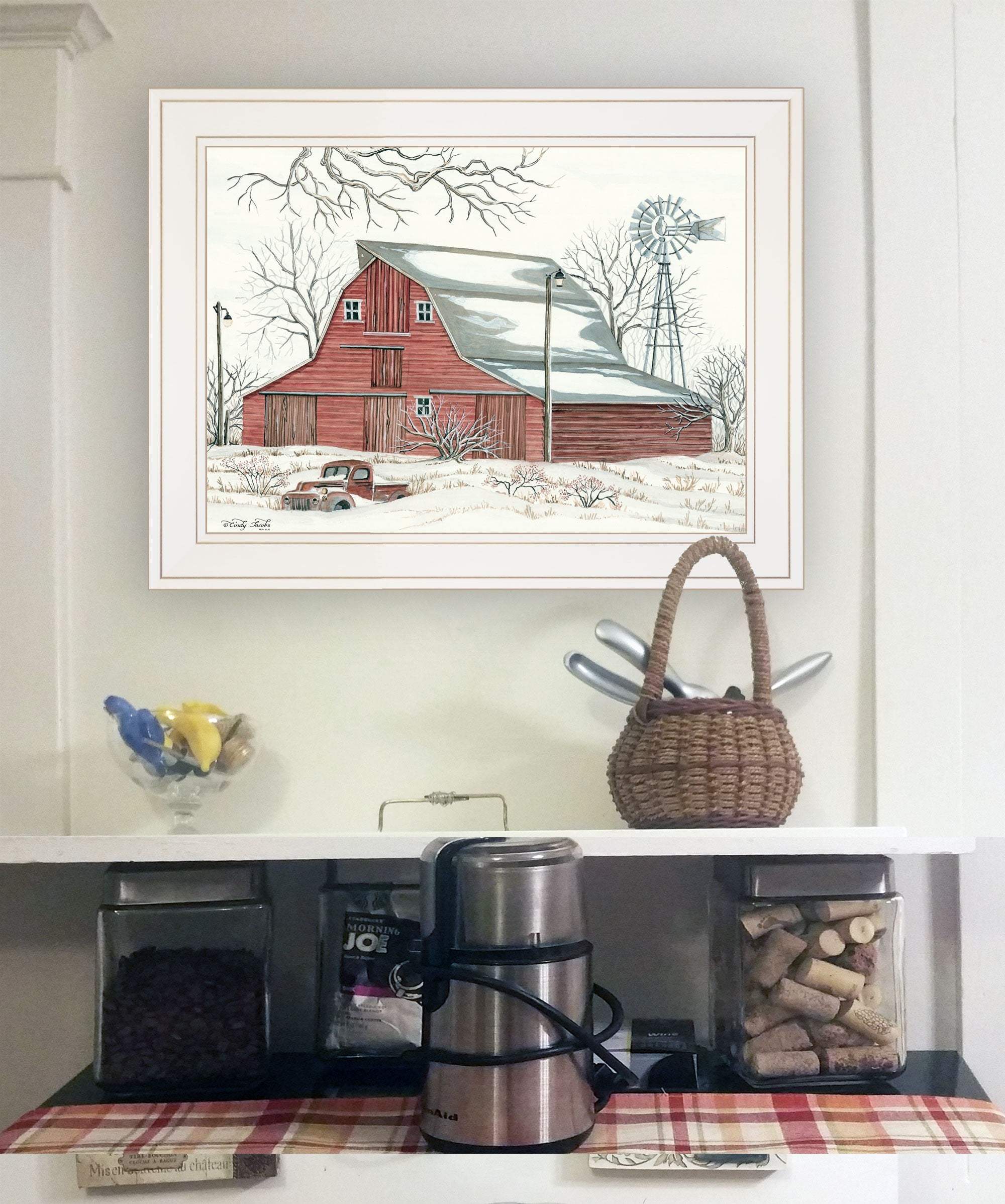 Winter Barn with Pickup Truck 1 White Framed Print Wall Art - Homeroots - Flyclothing LLC