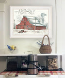 Winter Barn with Pickup Truck 1 White Framed Print Wall Art - Homeroots
