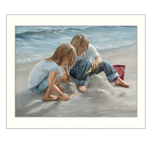 Sand Castle Builders 1 White Framed Print Wall Art - Homeroots