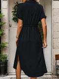 Slit Drawstring Button Up Short Sleeve Midi Dress - Trendsi