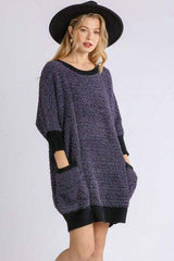 Umgee Full Size Ribbed Hem Round Neck 3/4 Sleeve Sweater Dress with Pockets Plus Size - Trendsi - Flyclothing LLC