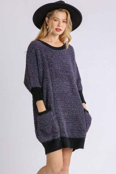 Umgee Full Size Ribbed Hem Round Neck 3/4 Sleeve Sweater Dress with Pockets Plus Size - Trendsi - Flyclothing LLC