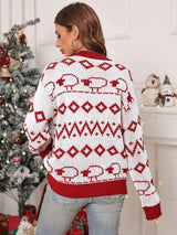 Perfee Contrast Geometric Round Neck Long Sleeve Sweater - Trendsi - Flyclothing LLC
