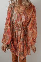 Tied Printed Balloon Sleeve Mini Dress - Trendsi - Flyclothing LLC