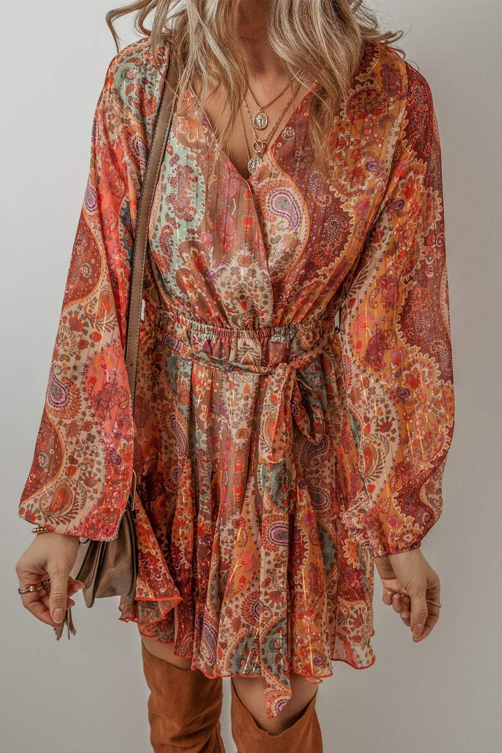 Tied Printed Balloon Sleeve Mini Dress - Trendsi - Flyclothing LLC