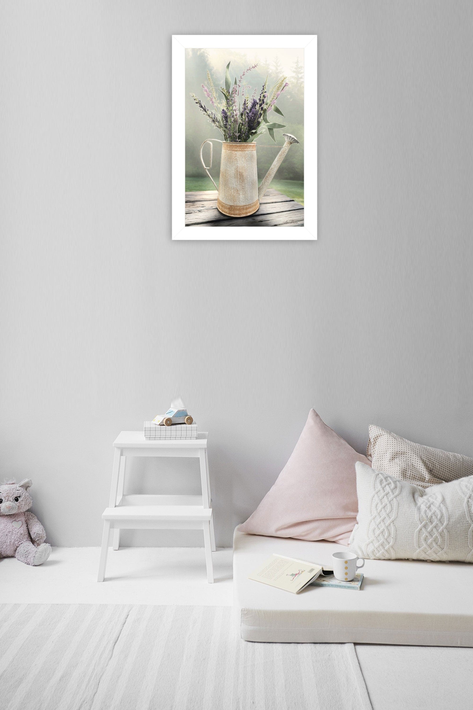 Lavender Watering Can 2 White Framed Print Wall Art - Homeroots