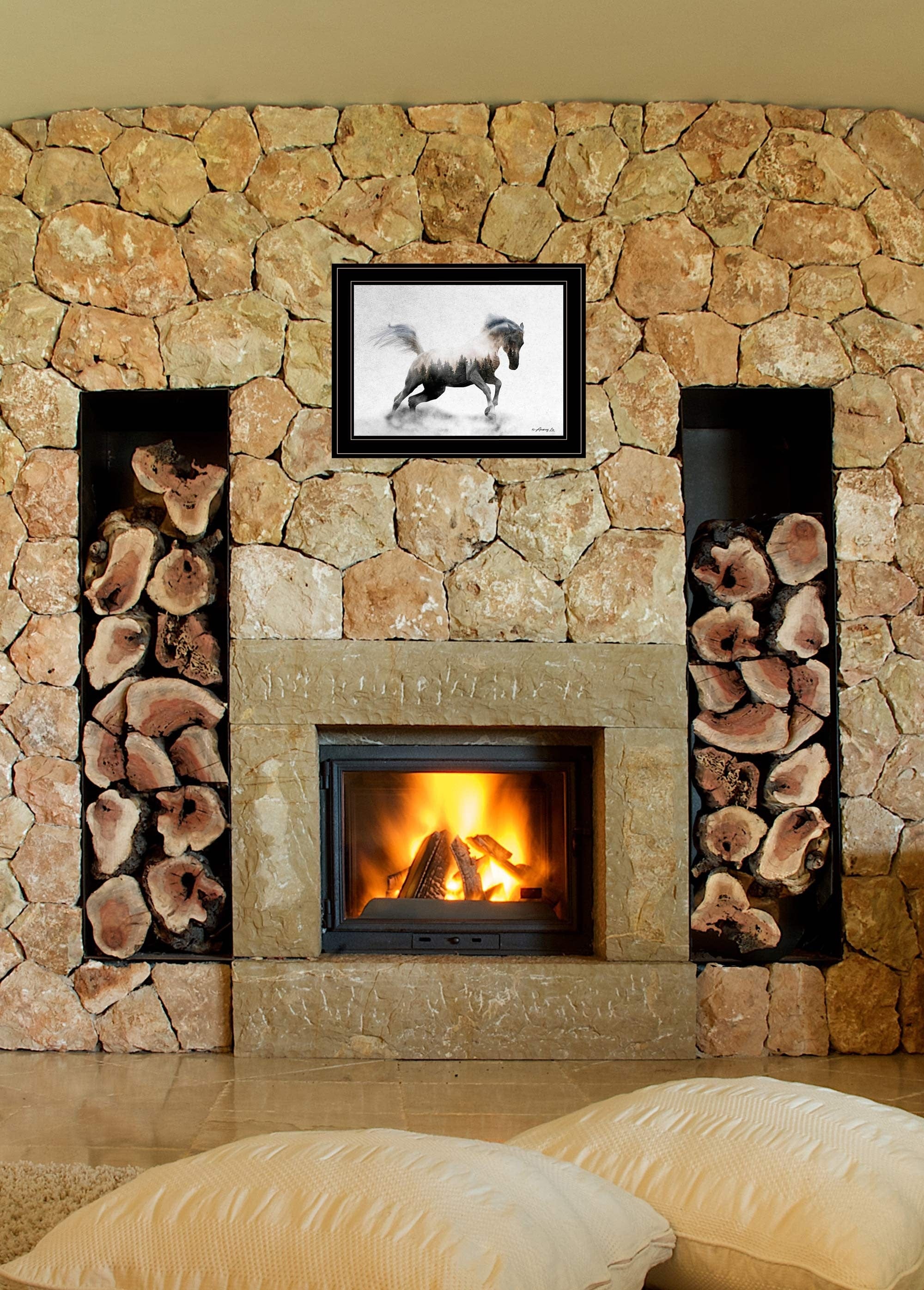 Running White Stallion 2 Black Framed Print Wall Art - Homeroots