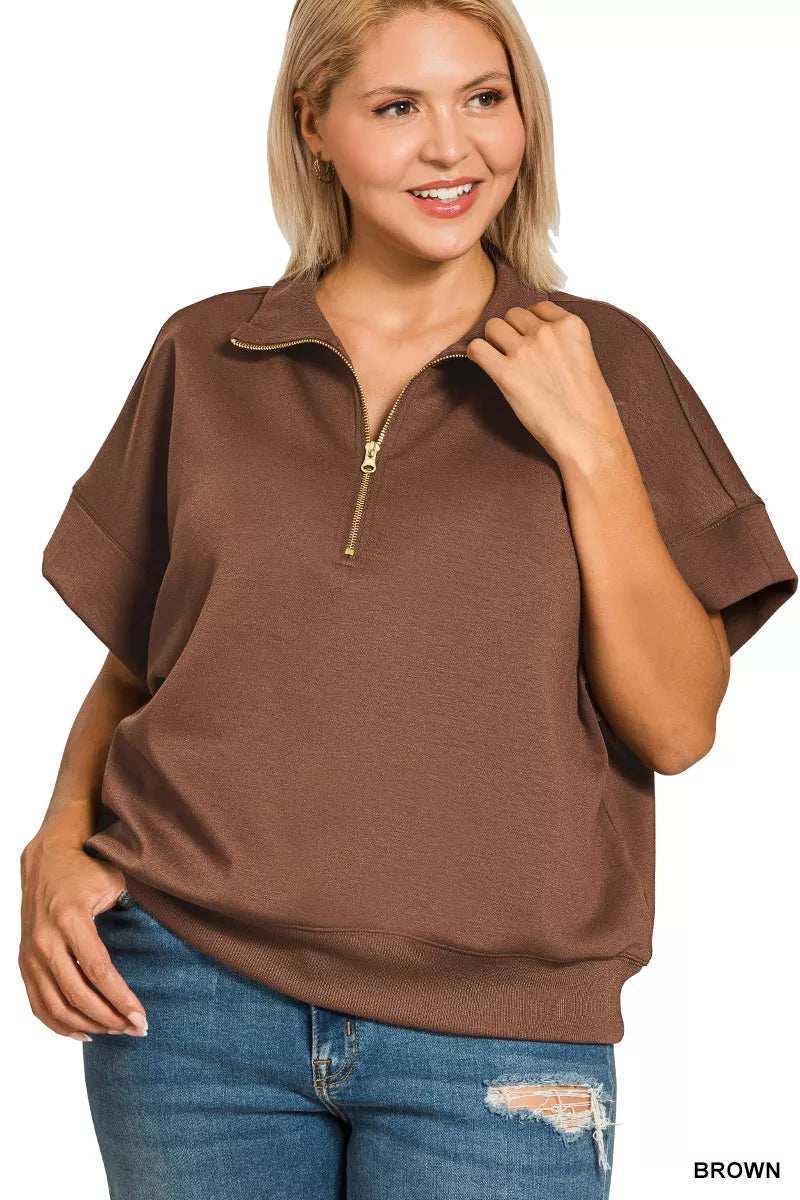 Zenana Full Size Scuba High Neck Half Zip Short Sleeve Top Plus Size - Trendsi - Flyclothing LLC