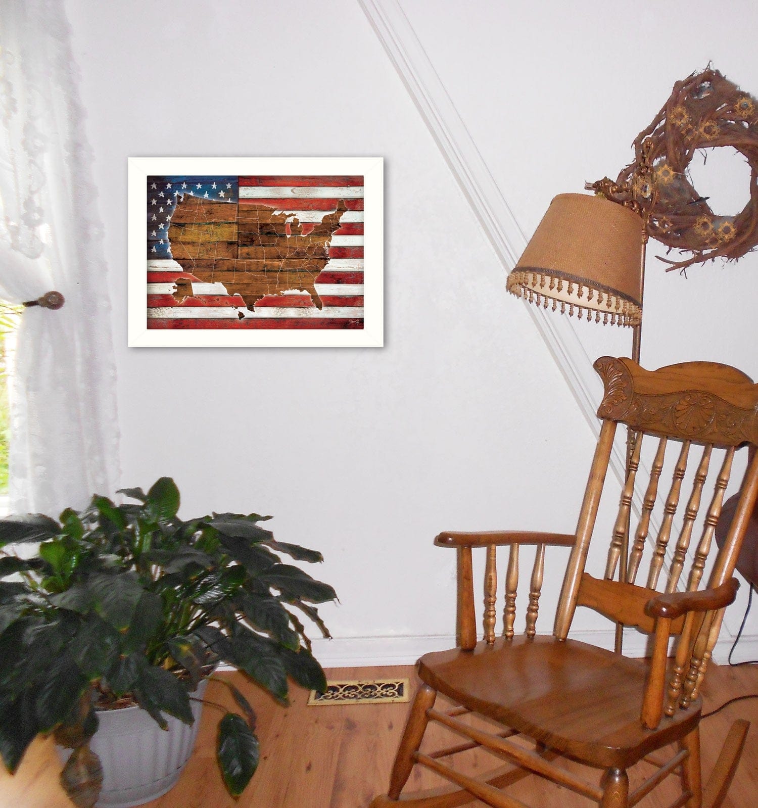American Flag USA Map White Framed Print Wall Art - Homeroots