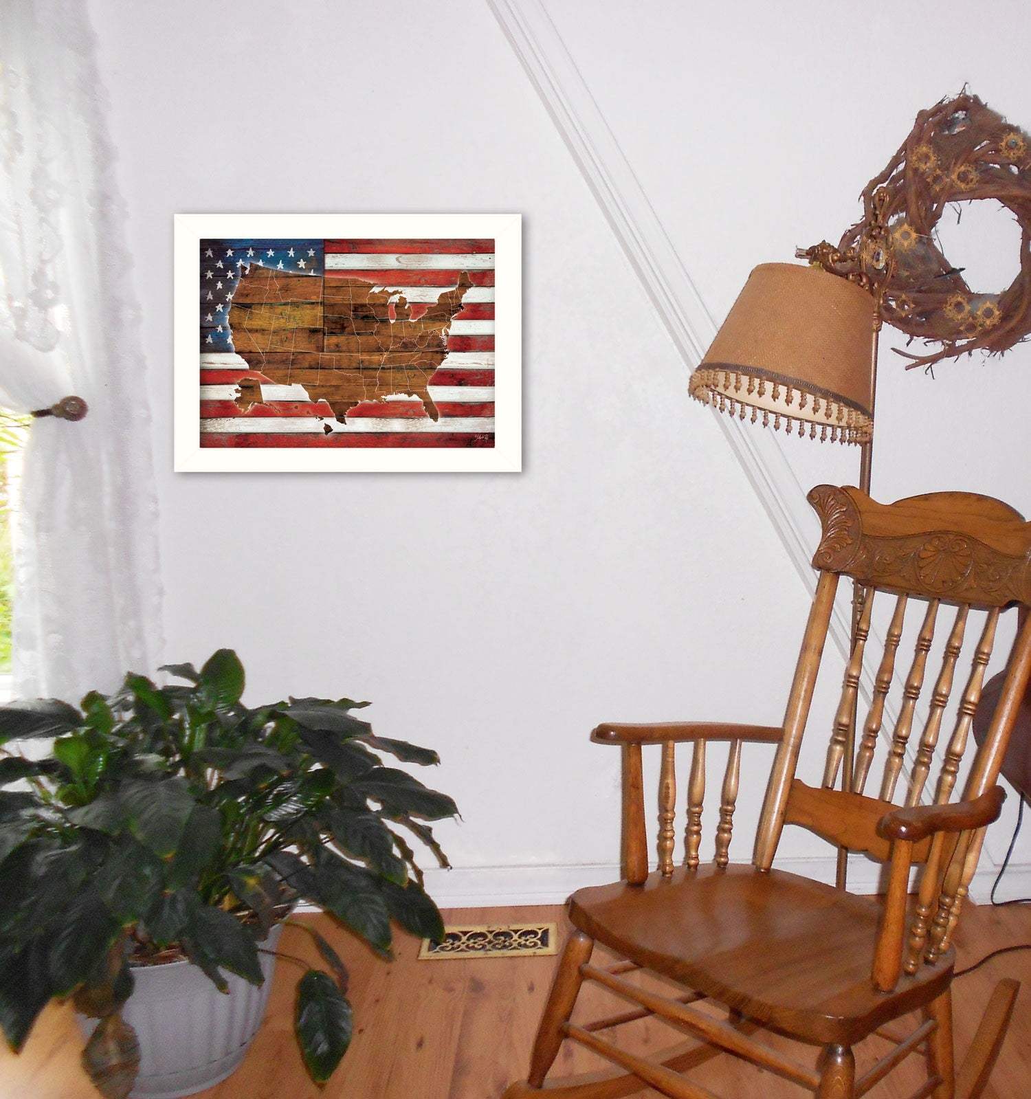 American Flag USA Map White Framed Print Wall Art - Homeroots - Flyclothing LLC