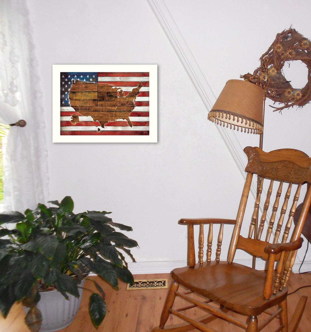 American Flag USA Map White Framed Print Wall Art - Homeroots - Flyclothing LLC